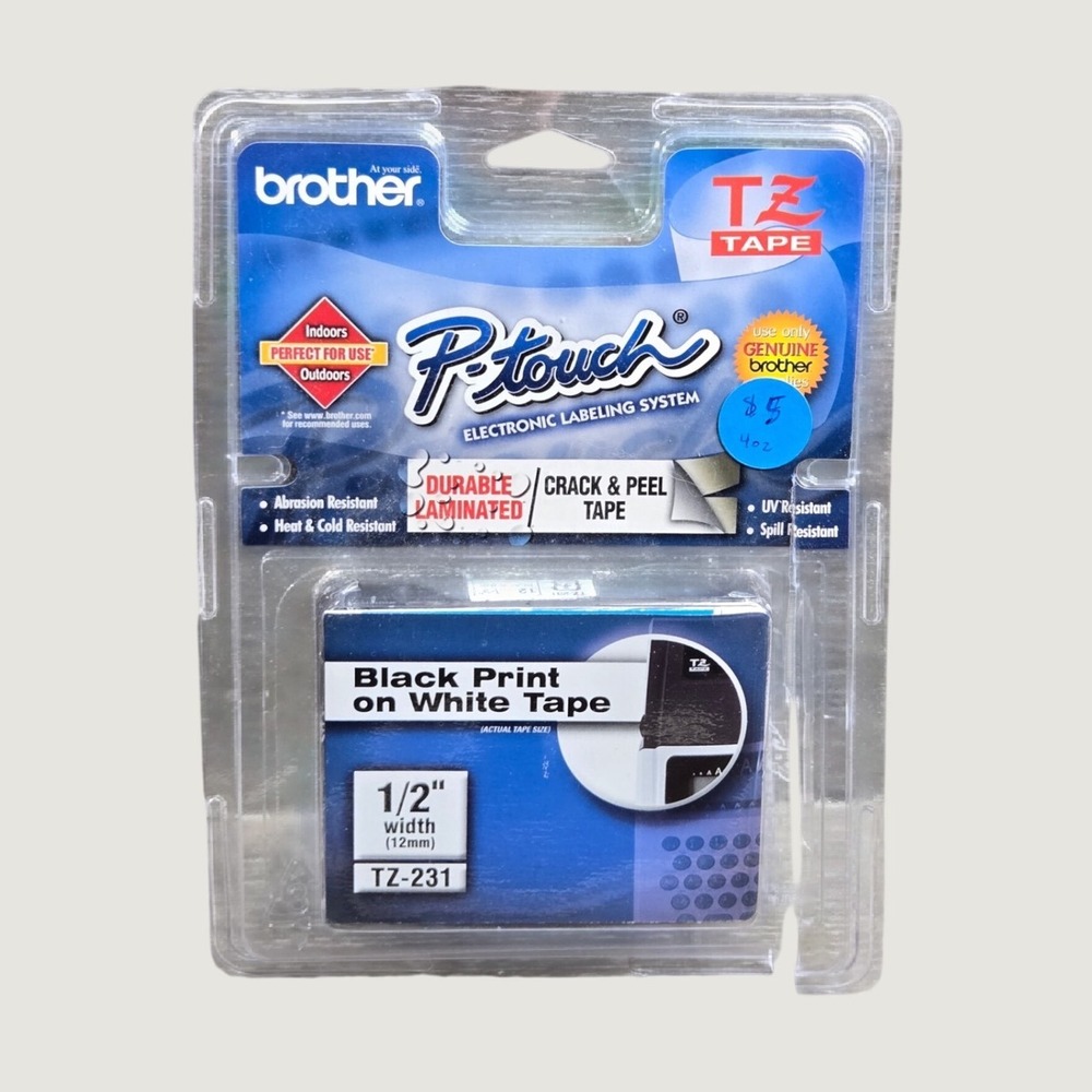 Brother TZ-231 P-Touch Label Tape 1/2" 12mm Black on White Laminated‎ NIB